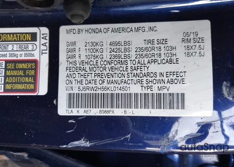 2019 Honda Cr-V Ex z USA, uszkodzony, nr VIN 5J6RW2H56KL014501